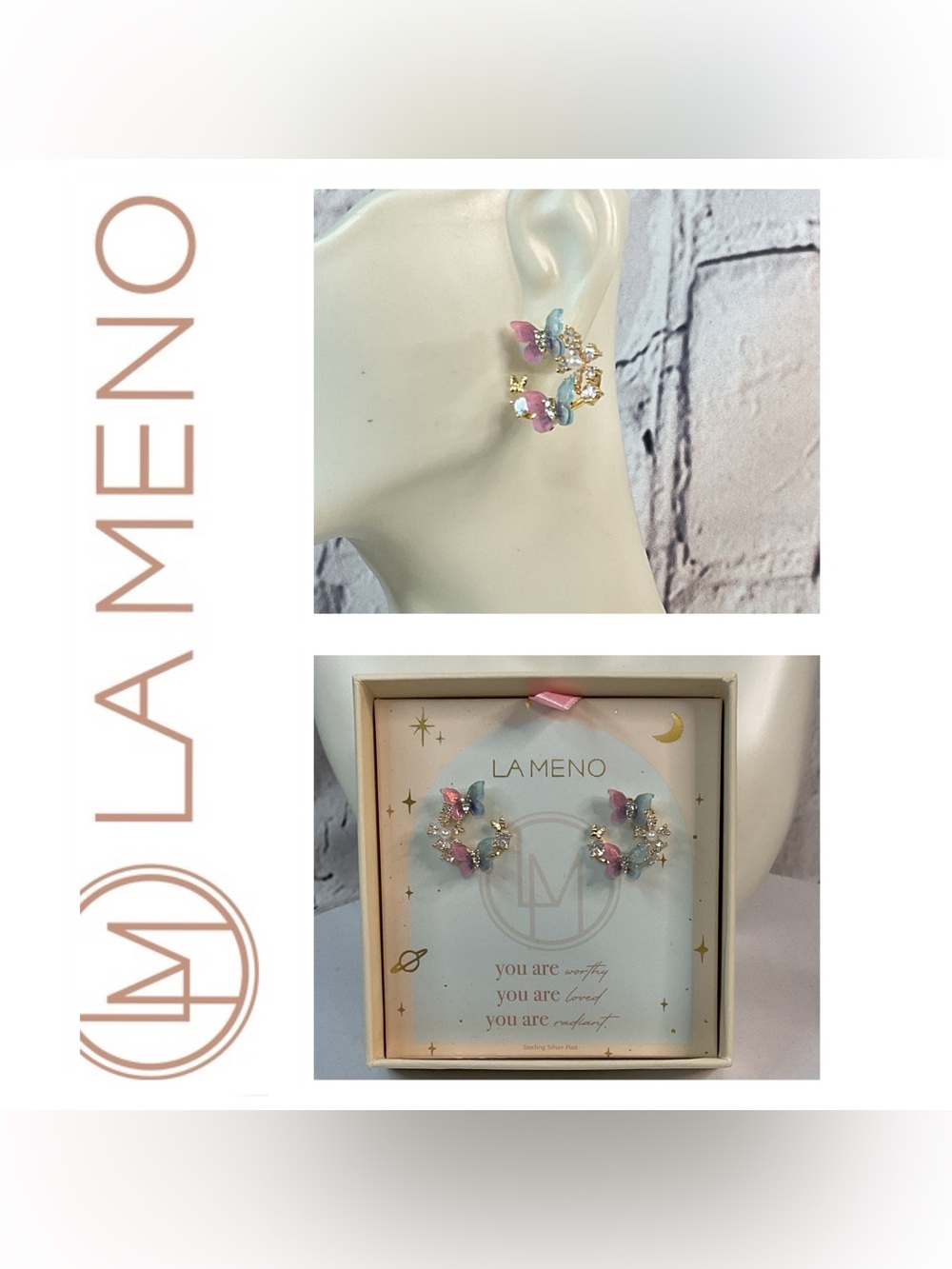 🌟🌟 La Meno CZ and Pearl Pastel Butterfly Hoop Earrings